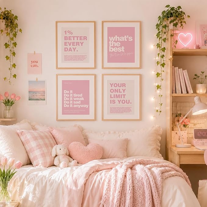 DSHFG Pink Motivational Inspirational Office Wall Art Decor Prints 4Pcs | Pink Office Motivational Wall Decor Trendy Retro Positive Affirmations Quotes Wall Decor Posters, 8x10 Unframed