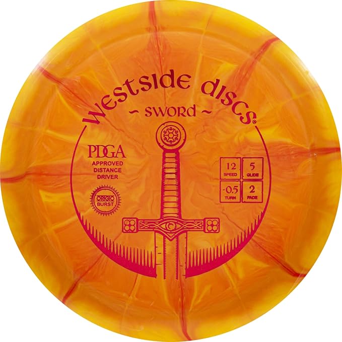 Westside Discs Origio Burst Sword Disc Golf Disc | User Friendly and Controllable Disc Golf Disc | Straight Flying Distance Driver | 170g Plus | Stamp Color Will Vary (Orange)