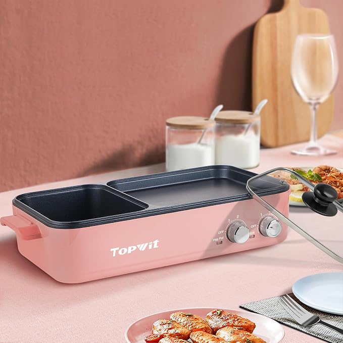 Topwit Hot Pot with Grill, Korean BBQ Grill, 2-in-1 Electric Pot | Nonstick Coating, Dual Temperature Control, Fast Heating, Ideal for Korean BBQ, Shabu Shabu, Noodles, Steaks and Family Meals