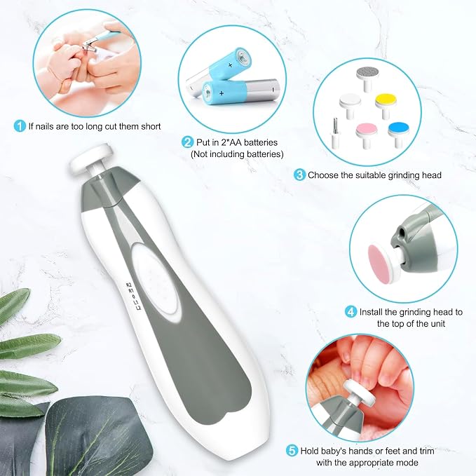 Qunlions life Baby Nail Trimmer Electric, 6 in 1 Baby Nail File Clippers Infant Grooming Kit Manicure Set with Replacement Pads for Toddler or Adults, Grey