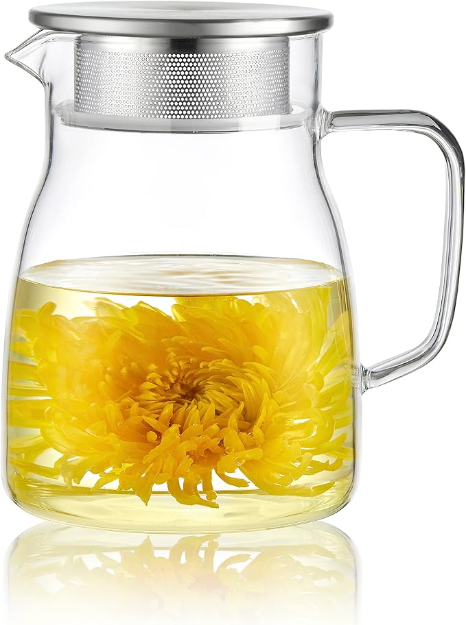 CNGLASS One-Touch Glass Teapot, 27oz(800ml) Glass Tea Kettle with Stainless Steel Filter Lid, Stovetop Safe Loose Leaf Tea Maker
