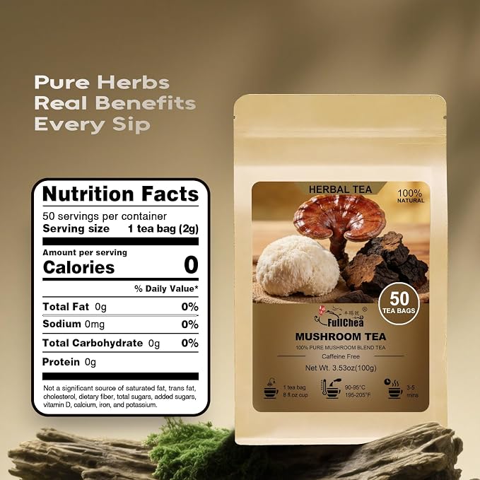 FullChea - Mushroom Blend Tea Bags, 50 Count, Mushroom Blend Herbal Tea | Mushroom blend tea, lion’s mane, reishi, chaga & licorice root, Non-GMO, caffeine-free, earthy mild flavor, gentle digestion