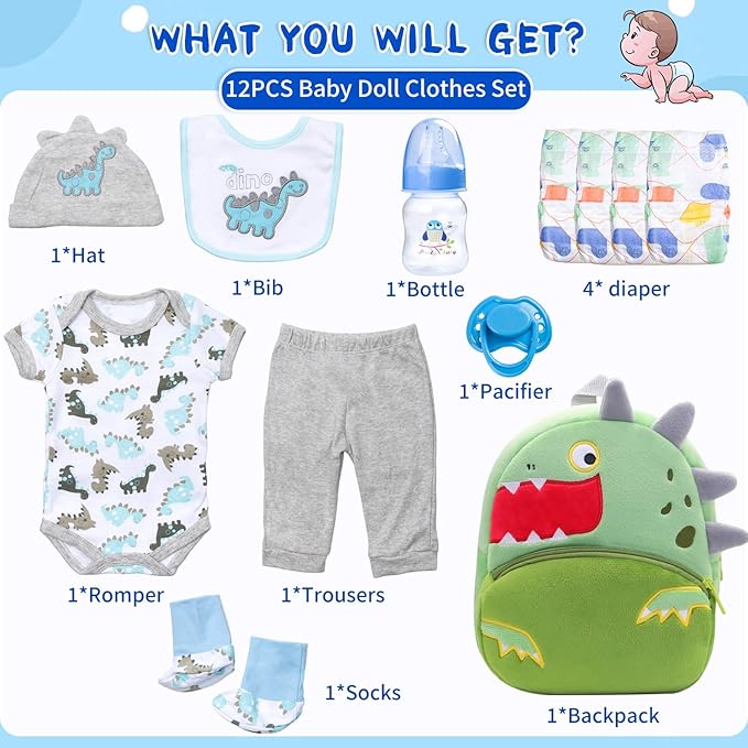 12 Pcs Reborn Baby Dolls Clothes with Backpack for 17-22 Inch Reborn Newborn Doll Clothes Dinosaur Outfits Accessories Baby Boy Doll Clothes Diaper +Bottle+Pacifier