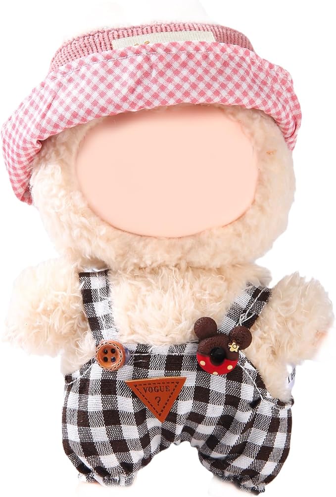 17cm Doll Clothes Set (No Doll) – Outfit with Hat & Overalls, Handmade Accessories for Mini Dolls, OB11-Compatible Dress-Up Gift (Pink Hat)