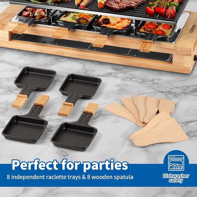 Indoor Grill, CUSIMAX Raclette Table Grill 1500W Electric Grill Korean BBQ | 2in1 Reversible Non-stick Plate/Temperature Adjustable/8 Trays & Wooden Spatulas/Double-layer Design/Sturdy Wooden Base