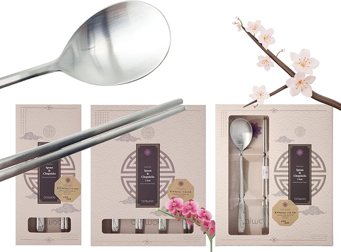 [1 Set] [Made in Korea] Orchid Design Korean Style Sticky Rice Spoon Chopsticks Set Silverware Set 304 Stainless Steel Cutlery Set Soup Spoon Ramen Chopsticks Flatware (1 Set)
