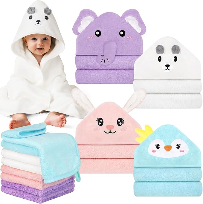 12 PCS Baby Bath Towels Set for Infants Toddlers, 4 PCS Animal Hooded Baby Towels & 8 PCS Washcloths Set, Ultra Absorbent Newborn Bath Essentials Gifts for Boys & Girls