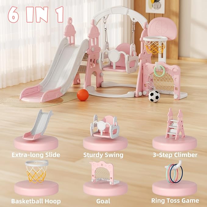 XJD 6-in-1 Toddler Slide and Swing Set, Kids Slide for Toddlers Age 1+, Toddler Outdoor Playset with Basketball Hoop, Football Frame, Swing, Outdoor Indoor Playground for Toddlers 1-3 (Pink)