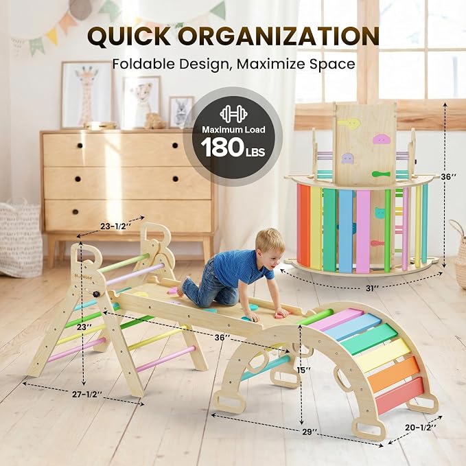 BlueWood Pikler Triangle Set with Safe Handle, Foldable 7-in-1 Montessori Toddler Climbing Toys Indoor, Wooden Pickler Climbing Set, Baby Jungle Gym & Playground, Climbing Toys for 1-3 Year, Colorful