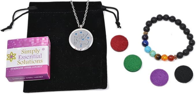 Aromatherapy Essential Oil Diffuser Stainless Steel Silver Magnetic Locket Pendant 2 Sizes Chain Necklace, Refill Pads & Diffuser Bracelet in a Velvet Bag (Unicorn)