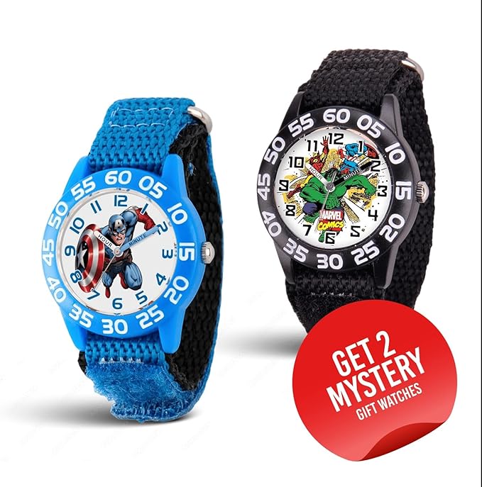 Marvel Superhero 2-Pack Watch Set for Kids Ages 4–7 – Featuring Captain America Shield and Hulk Dial Designs – Blue and Black Bezels with Matching Nylon Straps – GET 2 Mystery Bonus Watches