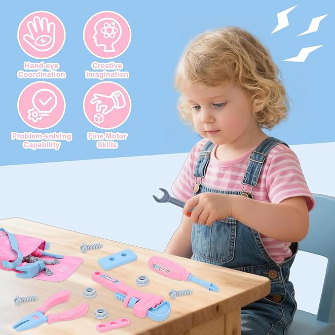 Magic4U Kids Tool Set with Tool Bag & Tape Measure, Toddler Tool Set Pretend Play Construction Toys,Ideal Birthday for Kids Age 3-6 Years Old (Pink)