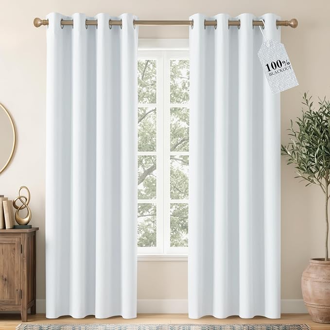 NICETOWN Farmhouse 100% Blackout Linen Curtains for Bedroom, Off White, W52, 2 Pieces, Noise Reducing Textured Linen Look 95 inch Length Curtains for Living Room