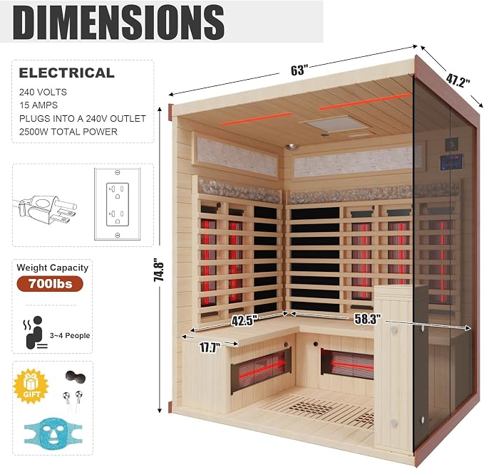 MEISSALIVVE Full Spectrum Infrared Sauna，3-4 Person Home Sauna， Red Cedar Luxury Indoor Spa Sauna with Resonance Speaker, Panoramic Tempered Glass Door
