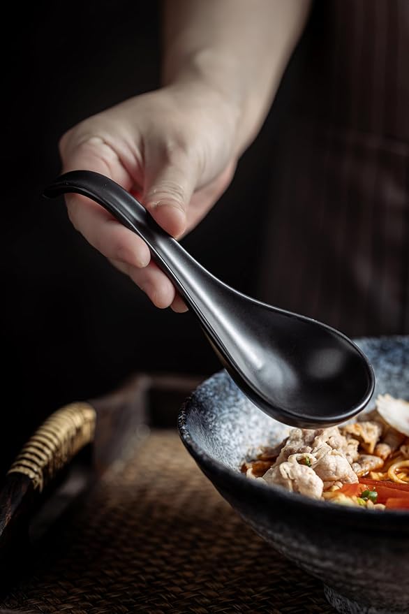 LYEOBOH Soup Spoons, Ceramic Ramen Spoon Set of 6-6.5inch Japanese Spoons | Chinese Spoons with Deep Hook Non-slip, Stackable Korean Spoons Deep for Pho Pasta Cereal, Dishwasher & Microwave Safe, Black