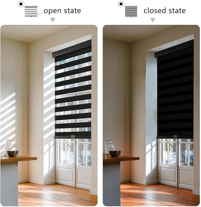 AOSKY Cordless Zebra Blinds for Windows Pull Down Roller Window Shades Dual Layer Light Filtering Privacy for Day and Night, Free-Stop Door Shades for Home Easy to Install (31.5" W X 72" H，Black)