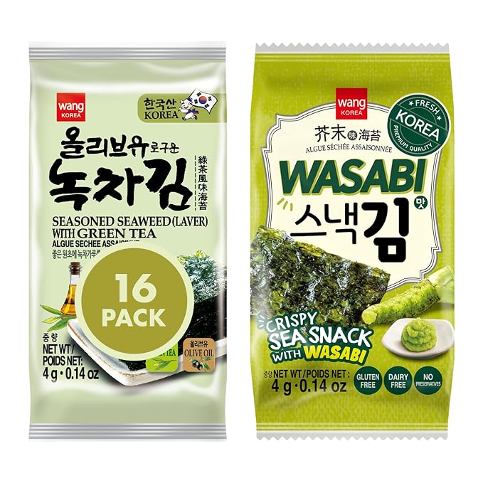 Wang Korean Seaweed Snack, Olive Oil with Green Tea and Wasabi