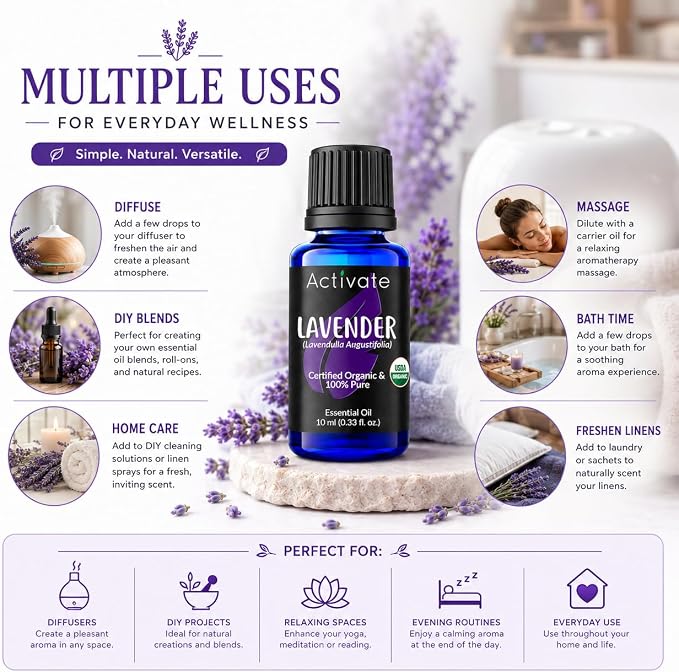 Lavender Essential Oil, USDA Certified Organic, 100% Pure Steam Distilled Lavender Oil (Lavandula angustifolia), Premium Aromatherapy Oil for Diffusers, Massage, DIY Blends & Home Fragrance, 10 mL