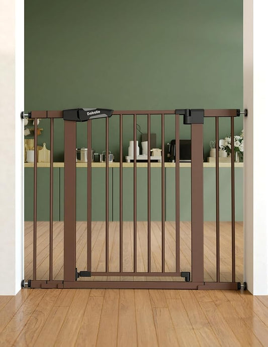 Babelio Baby Gate for Doorways and Stairs, 26-40" Auto Close Dog Gate, PressGuard C5, Easy-Install Pressure Mounted Satey Door, No Drilling Safety Gate for Child and Pets, Brown