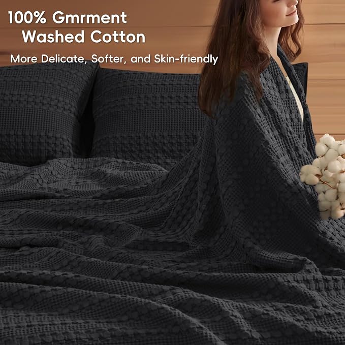 PHF 100% Cotton Waffle Weave Blanket Oversized King for Bed 120"x120"- Giant Big Lightweight Blanket 10'x10' for Bed Sofa - Aesthetic Extra Large Washed Cotton Soft Blanket - Black
