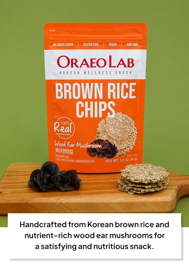 Korean Food Brown Rice Chips with Wood Ear Mushroom, Vegan, 3.17oz (90g) | Pressed brown rice chips with wood ear mushroom, made without frying and suitable for vegan diets