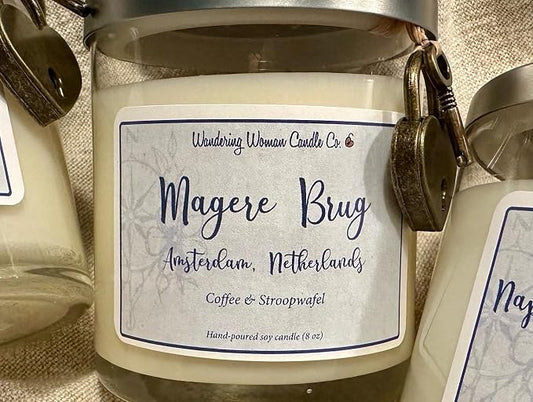 Wandering Woman Candle Company 8 oz Soy Wax Candle (Magere Brug, Amsterdam: Coffee & Stroopwafel)
