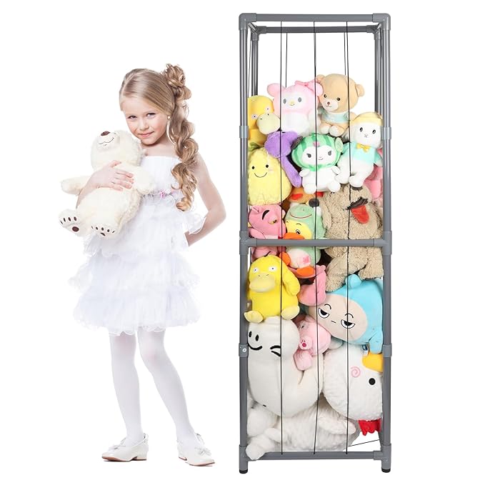Stuffed Animal Storage Zoo Stuffed Animal Holder,Off-Ground and Space Save Vertical Stuffed Animals Organizer PVC with Elastic for Bedroom Playroom Nursery (Greyish Black, Large)