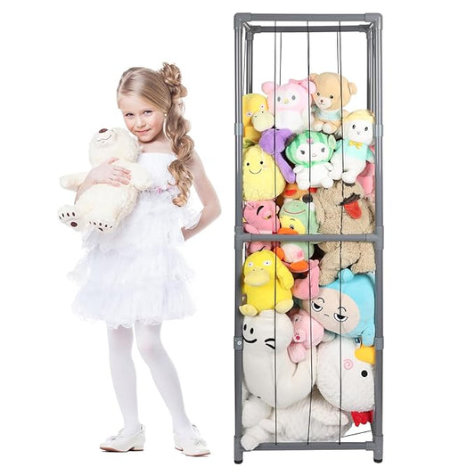 Stuffed Animal Storage Zoo Stuffed Animal Holder,Off-Ground and Space Save Vertical Stuffed Animals Organizer PVC with Elastic for Bedroom Playroom Nursery (Greyish Black, Large)