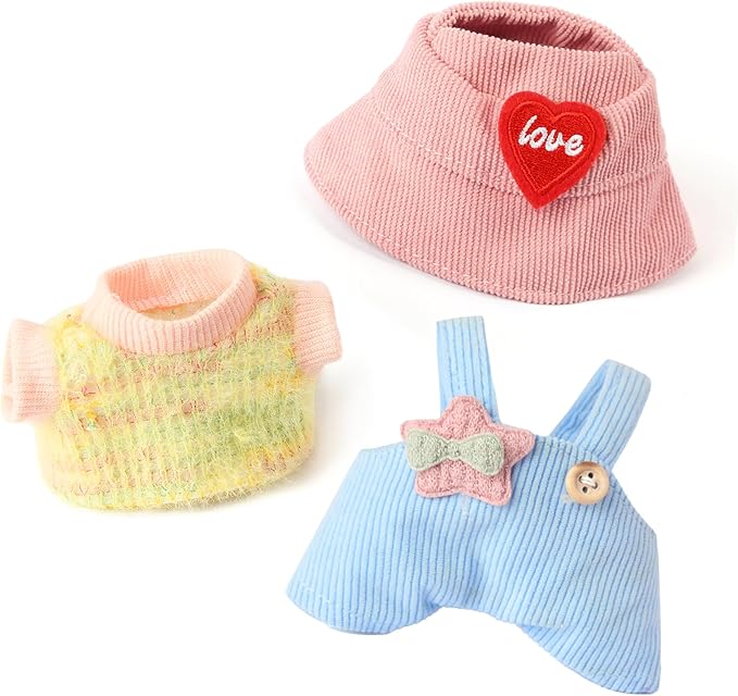 3-Piece Doll Clothes for Labubu & 17cm Dolls – Stylish Fisherman Hat Set, Kawaii Doll Outfits with Accessories for Collectors or Display - Light Blue Star (No Dolls)