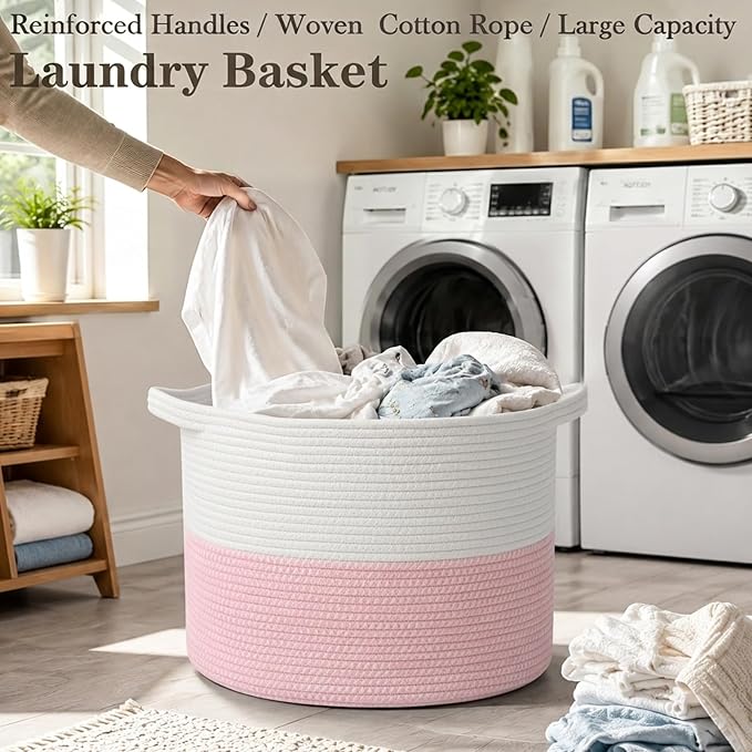 115L Extra Large Pink Woven Cotton Rope Basket with Handles | Kids Nursery Laundry Basket Hamper for Toys, Blankets, Pillows & Comforters, Cute Storage Bin for Bedroom & Playroom