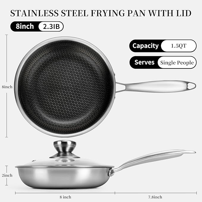 8" Stainless Steel Frying Pan with Lid | Small Stainless Steel Nonstick Pans, Induction & Oven Safe, Stay-Cool Handles, Compatible with All Cooktops, PFOA Free