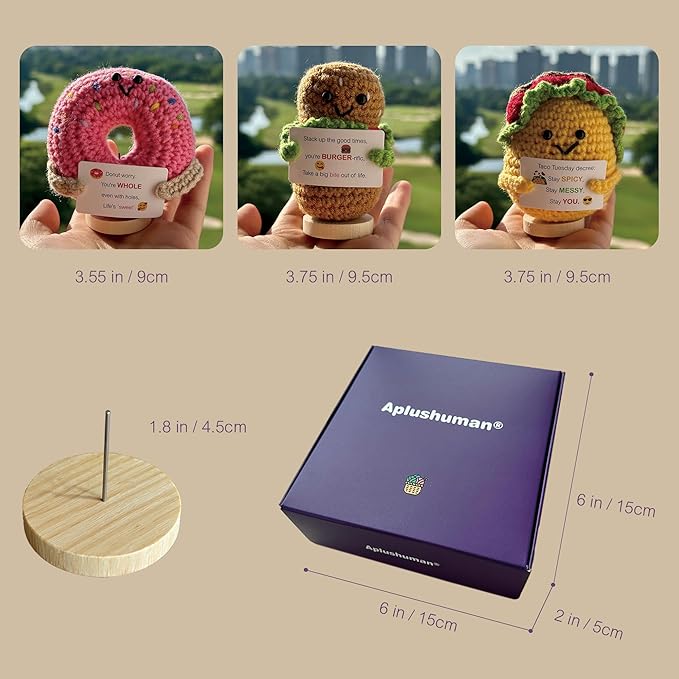 3-PCS | Food Fiesta Crochet Set | Taco Donut Burger Positive Plush | Handmade Emotional Stuffed Figures with Wooden Base & Inspirational Cards | Kitchen Festive Desk Ornaments for Teens Adults