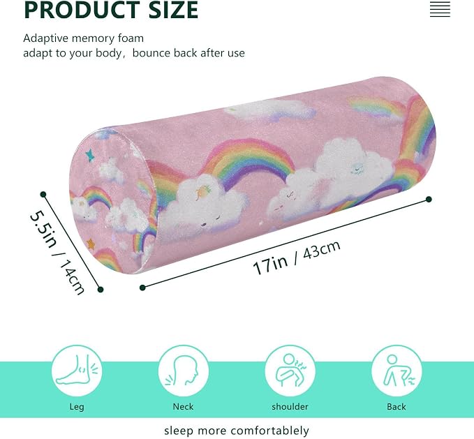 Pink Stars Rainbows Neck Roll Pillow Bolster Round Health Memory Foam Long Cervical Cylinder Pillows with Removable Washable Cover for Body Bed Legs Back Yoga