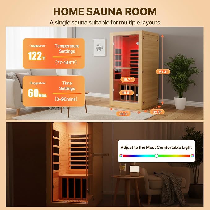 OUTEXER Infrared Sauna Room Indoor Saunas Home Obeche Wood 900W Low-EMF Dry Saunas Single Person Spa with 7 Color Light 32.3 * 28.3 * 61.4 inch