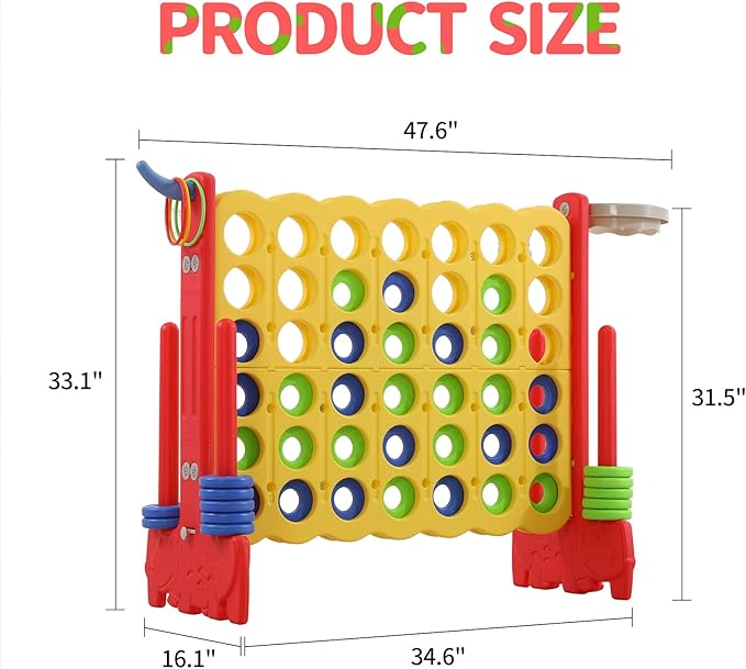 UNICOO Giant 4-in-A-Row with Carry Bag, Ring Toss, Basketball Hoop - Large Outdoor Game for Family Fun - Big Jumbo Game Set for Backyard Parties, BBQs, and Gatherings (Red + Yellow)