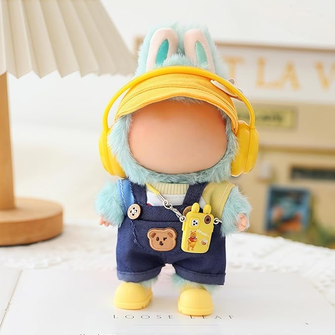 Clothes for Dolls Accessories, Stylish Kawaii Overalls Outfit Headphones Set 6 Pieces Suitable for 15cm 17cm Doll , Doll Hat Headset Boots Clothing Set Replacement