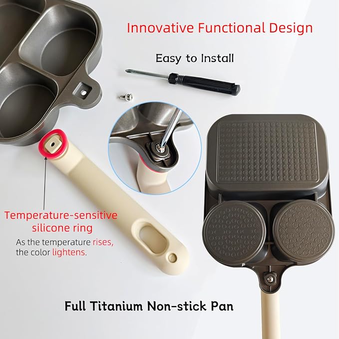 9.25" Titanium Nonstick Divided Egg Pan, 3-In-1 Breakfast Skillet with 2 Round & 1 Square Compartments, Induction & Gas Compatible, PFOA/PTFE Free, Cook Eggs, Pancakes & Bacon Simultaneously