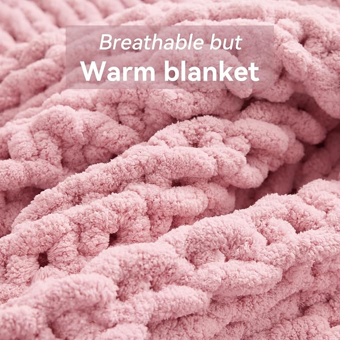 Negwoo Chunky Knit Throw Blanket, Knitted Throw Chenille Yarn, 60"*80" | Soft Thick Cable Knitted Blankets, Handmade Big Thick Blanket, Machine Washable Cute Comfy Blanket for Home Decor, Light pink