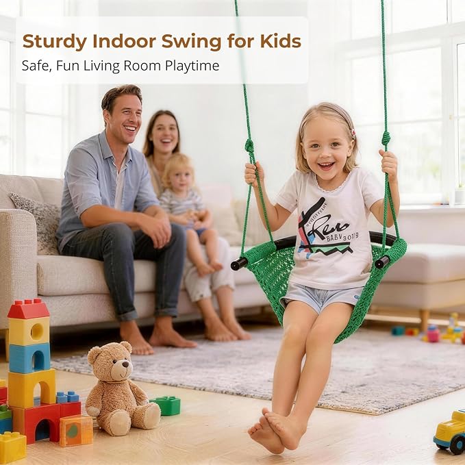 JKsmart Swing Seat for Kids Heavy Duty Rope Play Secure Children Swing Set,Perfect for Indoor,Outdoor,Playground,Home,Tree,with Snap Hooks and Swing Straps,440 lbs Capacity,Green
