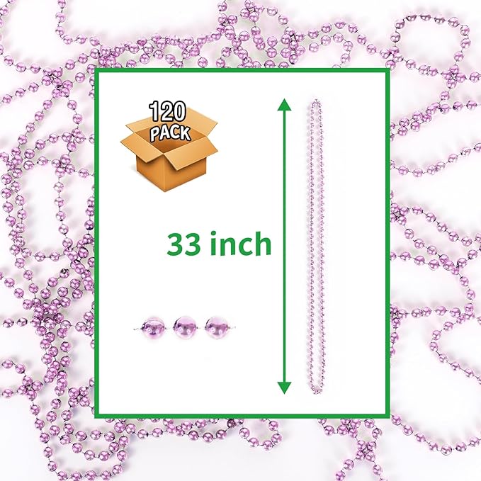 120 PCS Pink Bead Necklace, Pink Mardi Gras Beads, Cancer Awareness Beaded Necklaces, Valentine Necklace, 33 Inch Round Party Beads for Mardi Gras Christmas Cancer Awareness Month Events