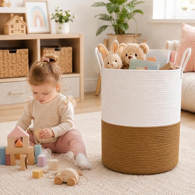 Baby Laundry Basket, Cotton Rope Nursery Hamper with Handles, Jute | Foldable decorative organizer for baby clothes, blankets and toys; tall shape saves space and suits nurseries or kids rooms.