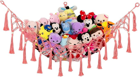 Stuffed Animal Net or Hammock for Corner Macrame Toy Display Plush Toy Storage Net Corner Hanging Mesh-Pink