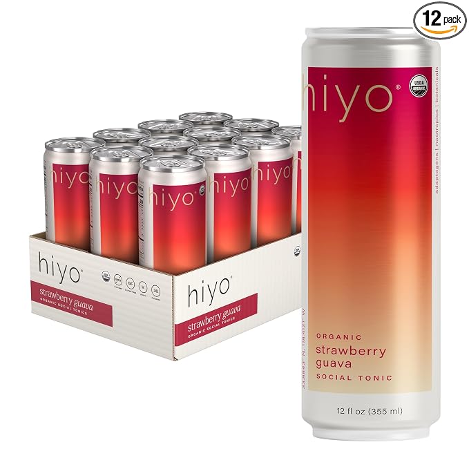 Hiyo Organic Social Tonic – Strawberry Guava, 12 Pack - Non-Alcoholic Functional Seltzer, Flavored Sparkling Water Crafted with Organic Adaptogens, Nootropics & Botanicals