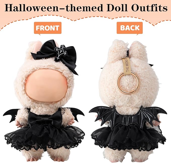 Clothes for labbuu Dolls - Cute Outfit for 6 3/4 Inch (17cm) labbuu Accessories, 2-Piece Doll Clothes Black (Doll Not Included) - Perfect for Collectors and Dress-Up (Halloween Bat Dress Set A)