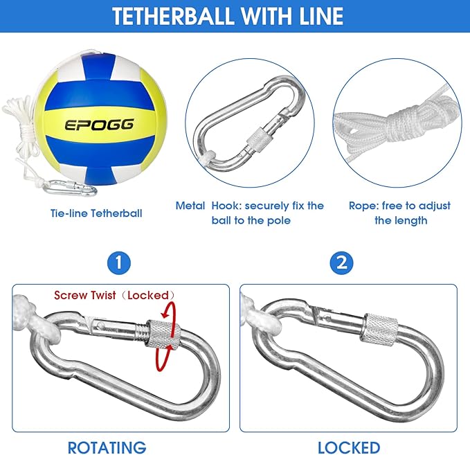 Tetherball Ball and Rope, Portable Tetherball Set with Sturdy Base, Tether Balls and Rope Set with Heavy Duty Poles for Backyard Family Kids Fun Outdoor Games