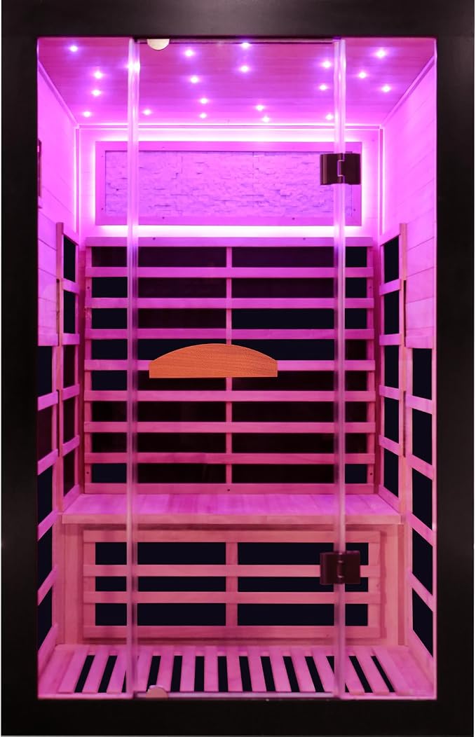 OUTEXER Infrared Sauna 2000W Wooden Saunas Home Spa Room Wood Low-EMF Indoor Saunas with with 7 Color Starry Sky Ceiling Light for Two Person 74.8 * 47.2 * 41.3Inch