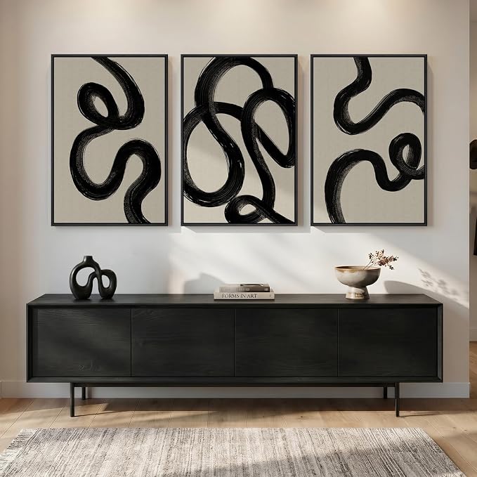 Large Framed Black and White Abstract Wall Art for Living Room, Set of 3 Modern Minimalist Canvas Prints Paintings Artwork for Walls, Neutral Pictures Wall Decor for Bedroom Hallway Office, 24x36 In