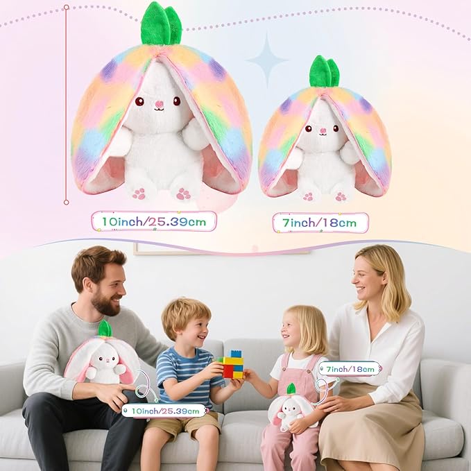 MIAODAM Strawberry Bunny Stuffed Animal, Iridescent & Strawberry Bunny Plush Turn Into Rabbit Fruit Doll, Plushies Funny Bunny Plush Toy for Babies and Kids(7 inch)