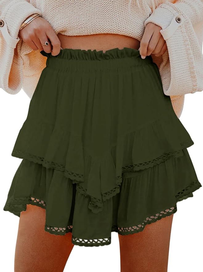 Flowy Shorts for Women Casual Boho Ruffle Tiered Skorts High Waist Mini Skirts Golf Tennis Crochet Shorts