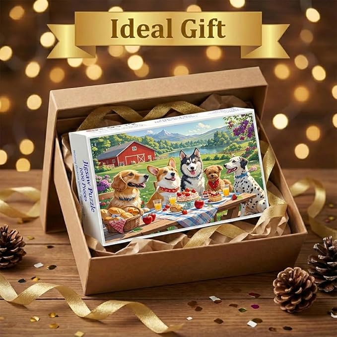 Puzzles for Adults 1000 Pieces - Doggy Picnic Colorful Jigsaw Puzzles, Fun Family Game, Challenging Brain Teaser, 28 x 20 in, Great Gift Idea & Home Decor (Doggy Picnic)
